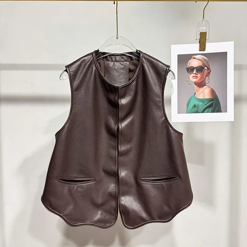 Genuine Sheepskin Vest for Women Fall Winter Fashion Versatile Sleeveless Jacket Round Neck Loose Wrinkle Twisted Leather Gilet