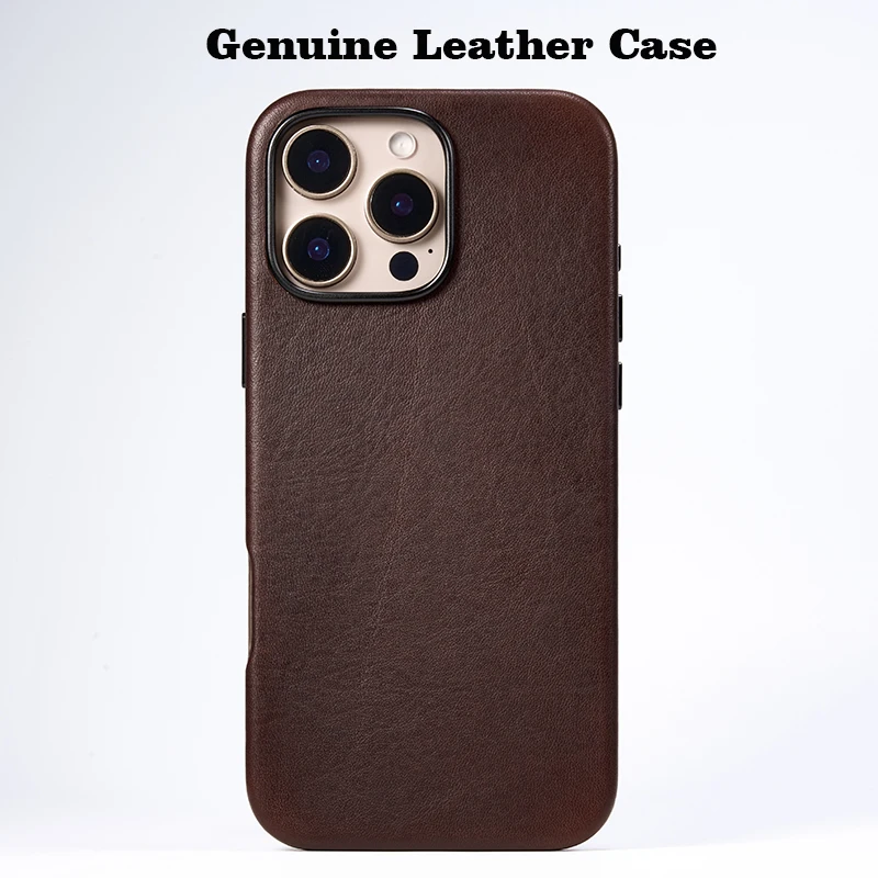 Genuine Leather Case for iPhone 16 Pro Max Cow Leather iPhone 16 Pro 16 Cover Strong Magnetic Brown Color