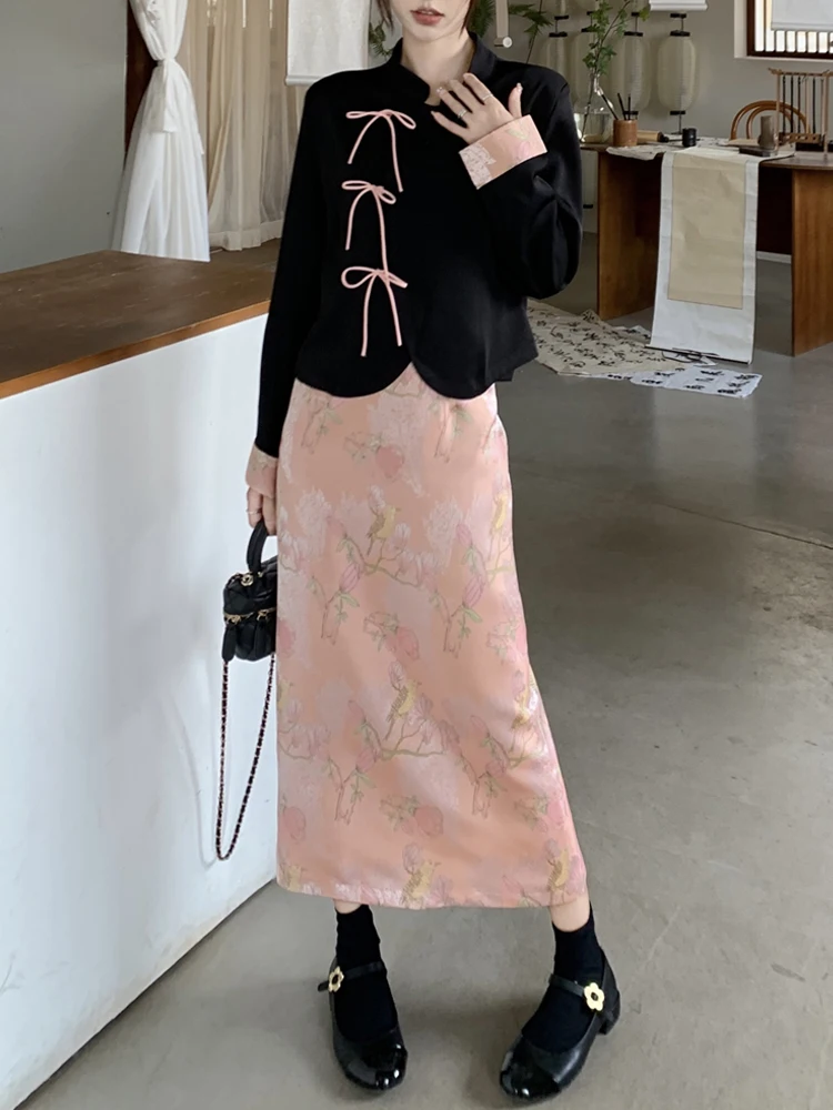 

SONNEESD Harajuku Stand Collar Turnbuckle Frog Bow Single Breasted Shirt Sweet Floral Mid-Calf Skirt Chinese Style Two-piece Set