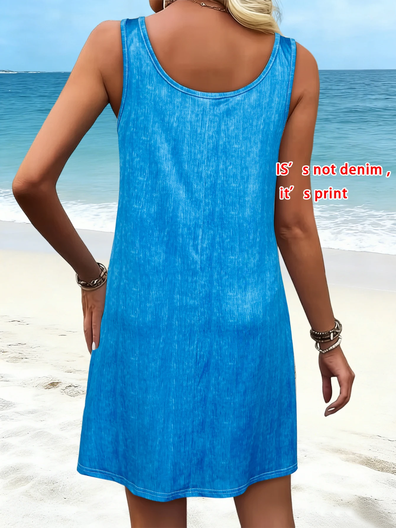 Ärmelloses Minikleid für Damen mit Denim-Print, lässiges Sommerkleid mit U-Ausschnitt und Taschen, kurzes Sommerkleid für den täglichen Urlaub am Strand – Detail 3