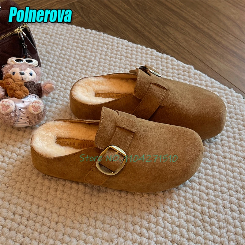 Autumn Winter New Suede Thick Soled Half Slippers for Women Warm Plush Round Toe Belt Buckle Platform Mules Flat Casual Shoes