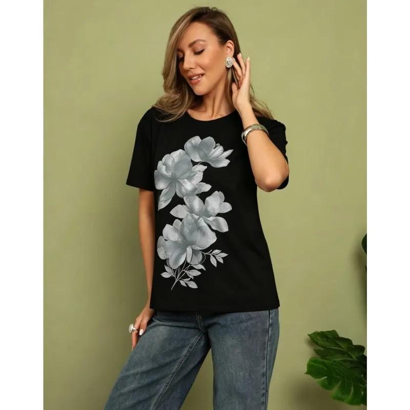 

Summer Cotton Women's T-shirts Print Flower Unique Beautiful 2026 Short Sleeved Home Daily Life Study Tops