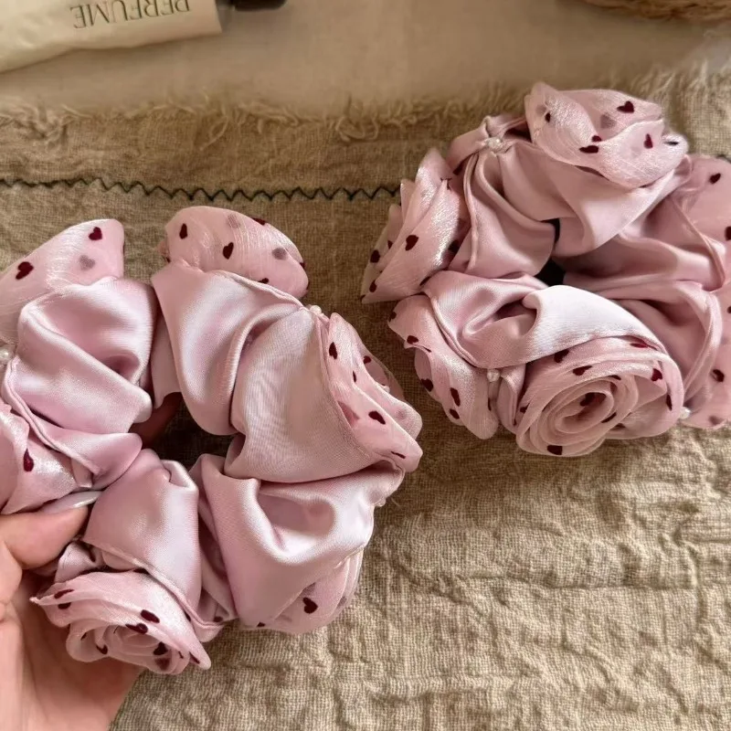 Pink rose lace large intestine hair tie heart polka dot gauze lazy classy ponytail hair rope hair accessories new arrival