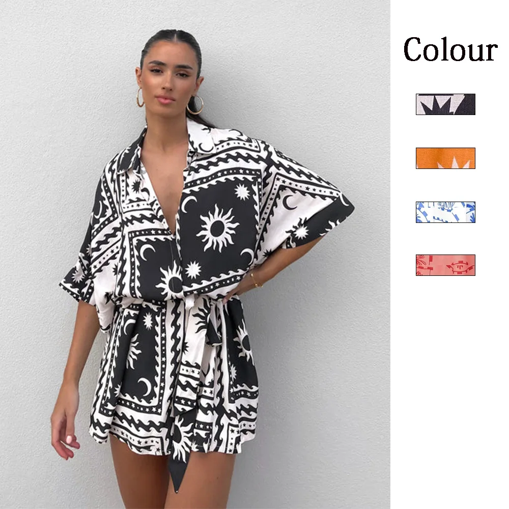 

Fashion Printed Chic Jumpsuits Shorts Summer Women V-neck Casual Beach Vacation High Waist Leace-up Bodysuits Fashion Streetwear