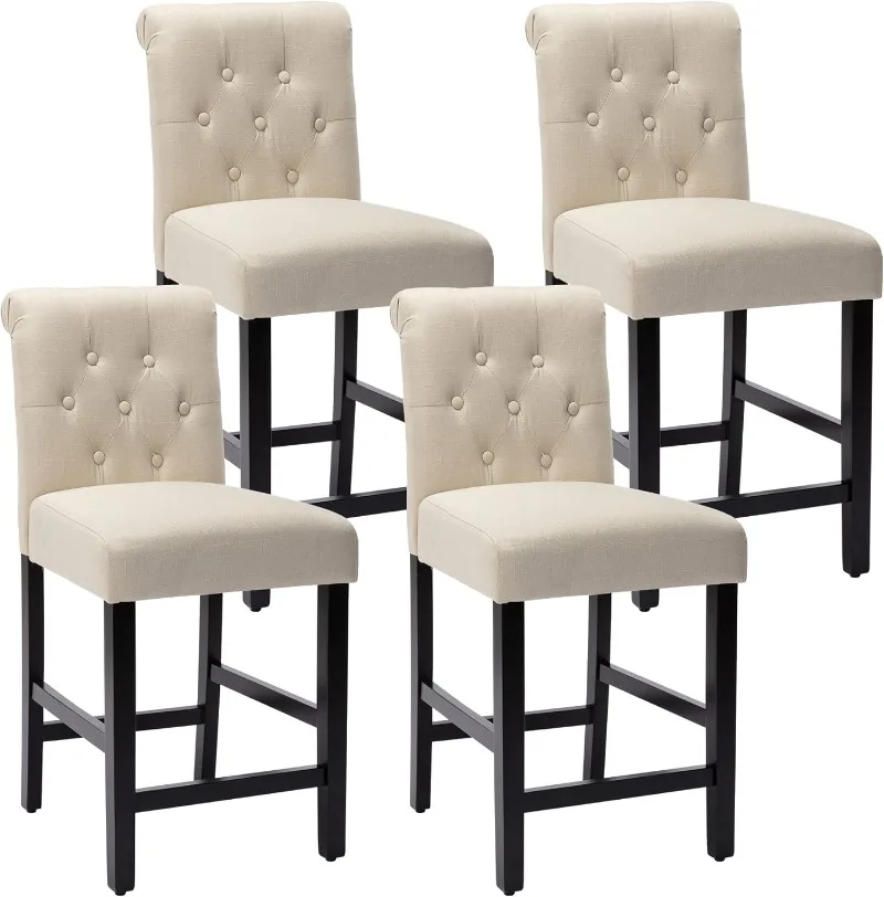 

24 Inch Bar Stools for Kitchen Island Set of 4 Fabric Barstools Upholstered Back Counter Bar Stools Wooden Bar Chairs(Beige)