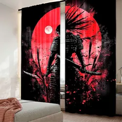 2Pcs Anime Samurai Curtain Cool Japanese Black And Red Art Curtain For Bedroom Asian Chinese Red Sun Curtain For College Dorm