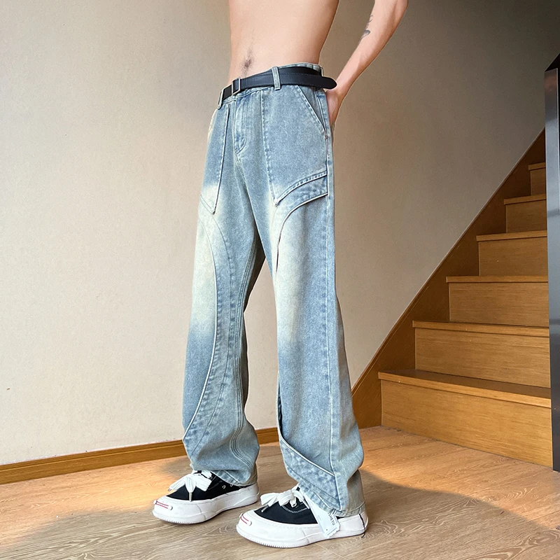 

Модные американские джинсы в стиле хай-стрит для мужчин, окрашенные, с широкими штанинами, слегка расклешенные, повседневные длинные брюки, молодежные, прямые джинсы-трубы