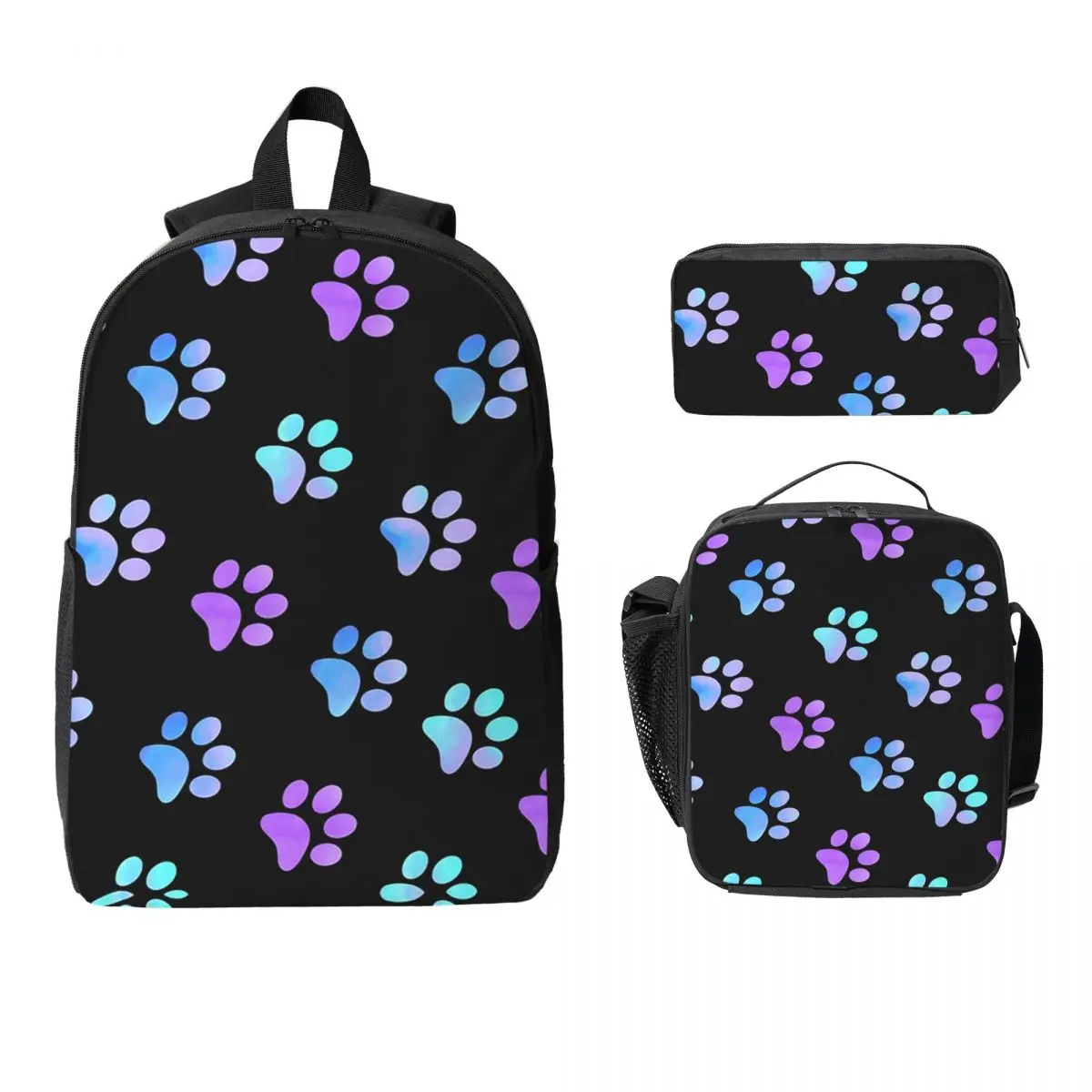 Blue Purple Galaxy Paw Prints Backpack Boys Girls BookBag School Bag Computer Shoulder Bags 3ps Insulated Lunch Bag Pencil Case