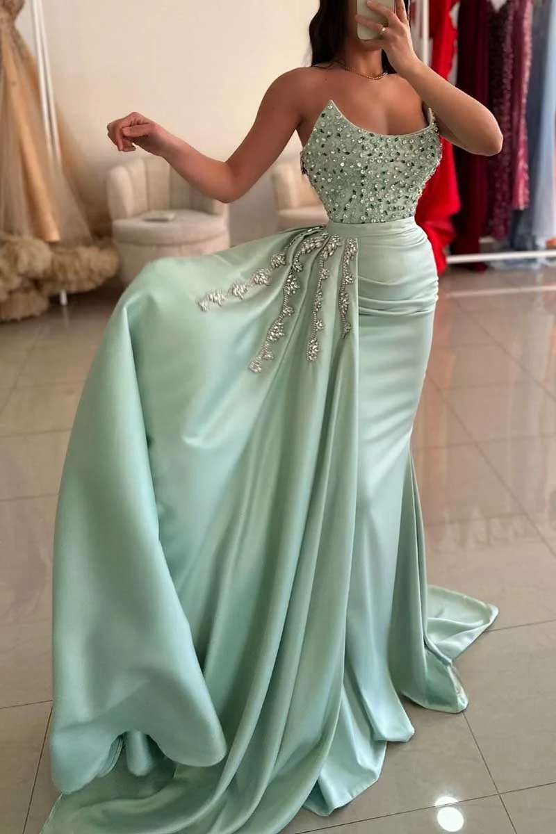 Sexy Satin Strapless Beaded Mermaid Prom Dresses Sparkly Corset Evening Gowns Sleeveless Backless Long Formal Ball Gowns 2024