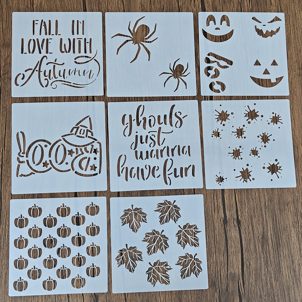 8Pcs Halloween Pumpkin Spider Maple Leaf Spray Stencils, Template for Cake Cookie Powder Spraying & Autumn Party Baking Decorati