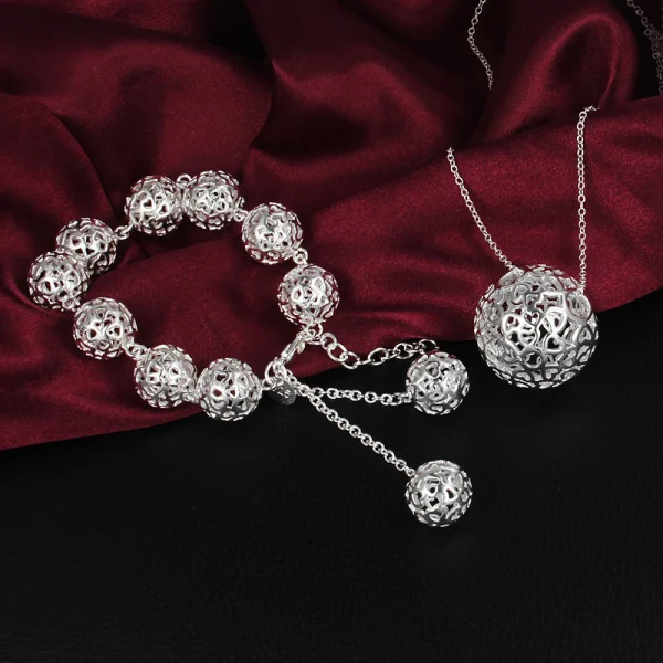 

New 925 Sterling Silver cute Hollow Ball Pendant Bracelet necklace for women luxury Fashion Party Jewelry set Holiday gifts