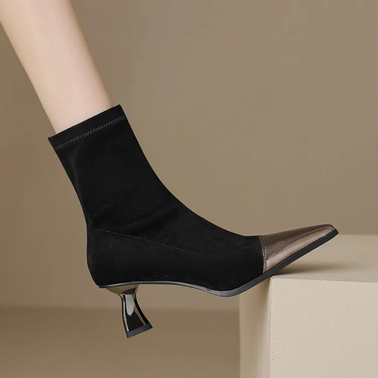 

Stretch Suede Women Ankle Boots Pointe Toe Short Autumn Sock Botas 5cm Kitten High Heels Prom Party Pump SideZipper Ankle Botine