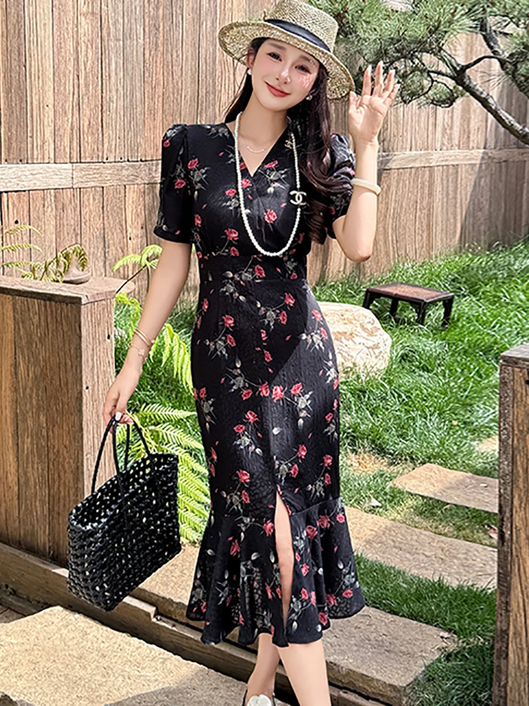 Feminino coreano vintage bodycon festival vestido de verão preto floral chique babados sereia vestido 2025 elegante luxo festa noite vestido