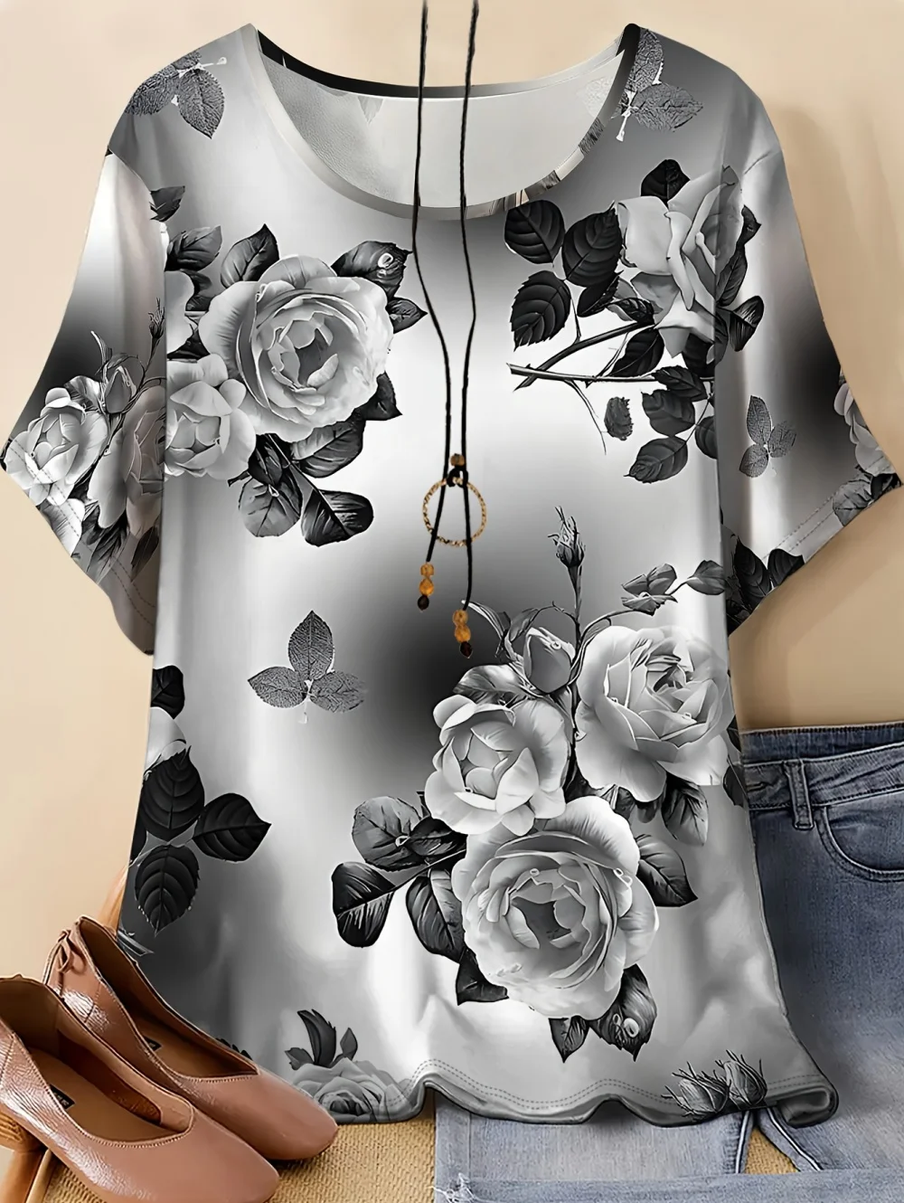 Vintage Lässiges Kurzarm-T-Shirt mit Rundhalsausschnitt für Damen, Sommer-Blumen-T-Shirt, Batik-Oberteil, 3D-Druck, lockere Mode-Damenbekleidung – Detail 9