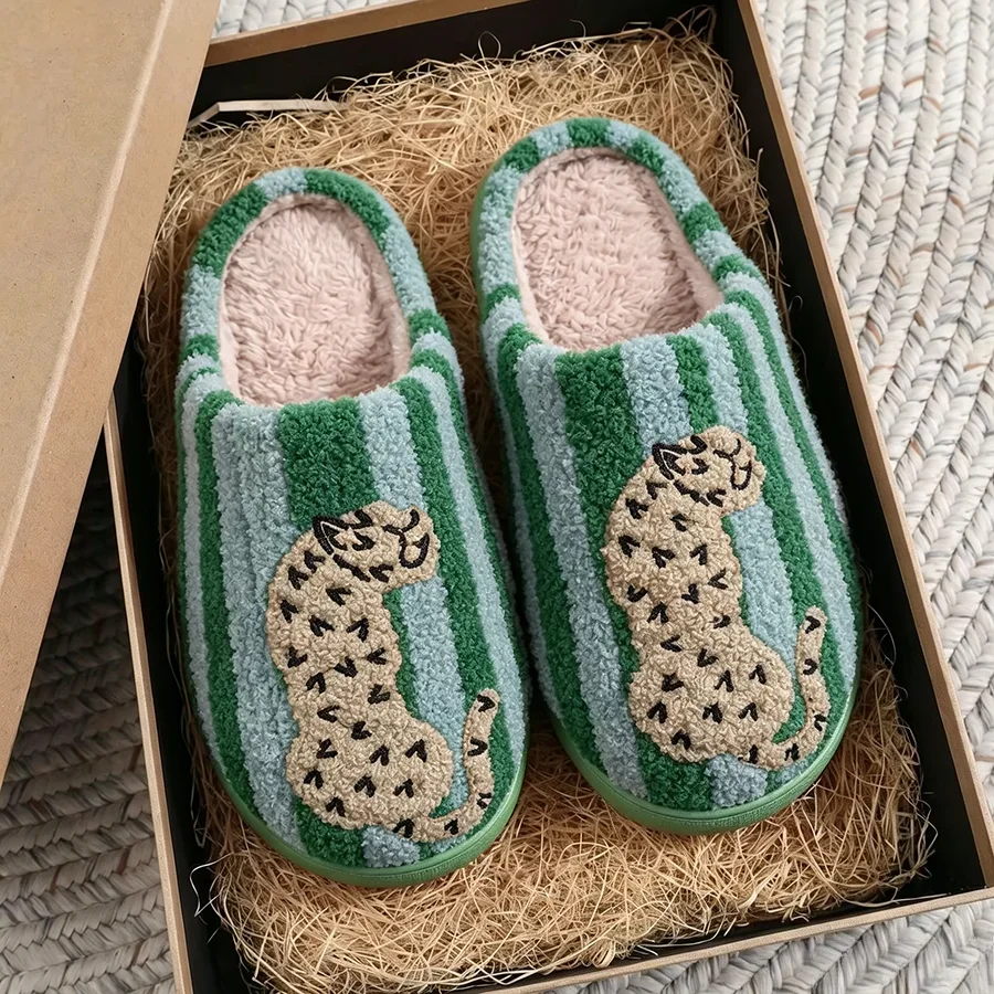 Men's Plush Slippers Color-Block Embroidered Winter Striped Leopard Print Indoor Non-Slip Warm Plush Comfortable Shoes for Women
