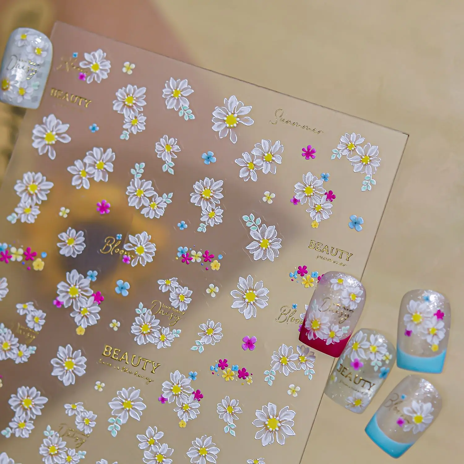 5D Embossed Nail Stickers White Yellow Small Daisy Decals Beauty flower Nail 3D Stickers for Self-Adhesive Nail Art Decorations
