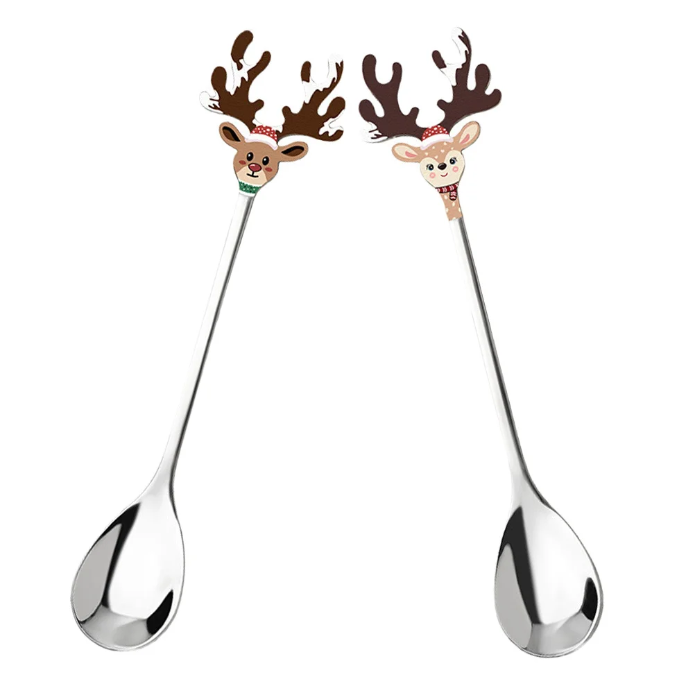 

2Pcs Christmas Stainless Steel Reindeer Dessert Ice Cream Spoons Coffee Stirring Tea Honey Appetizer Small Cute Spoons