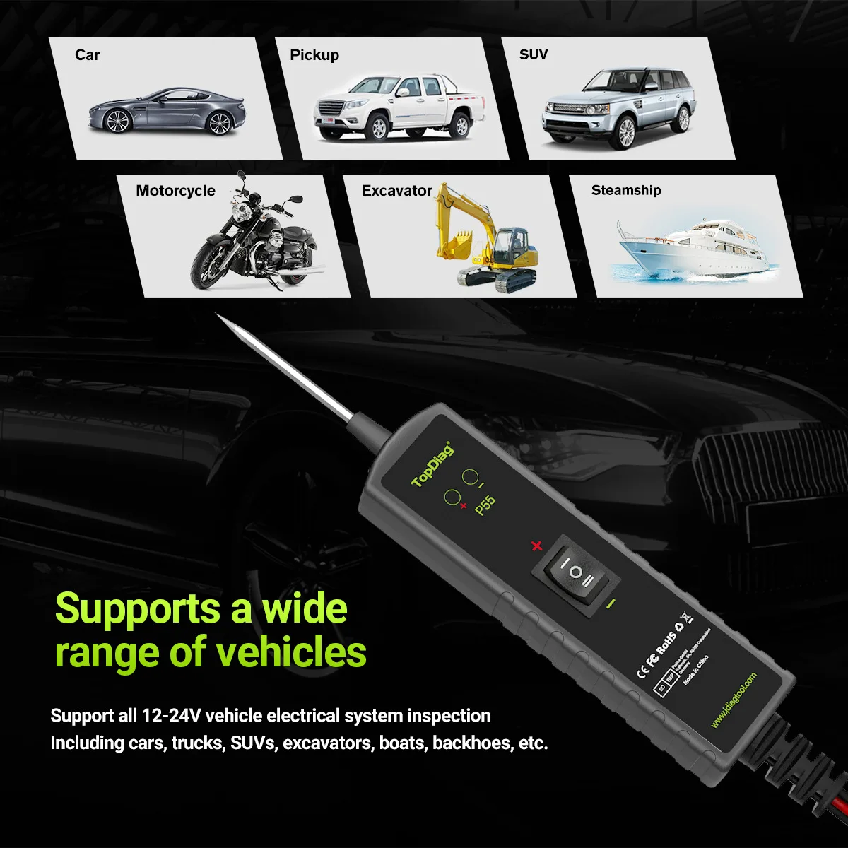 TopDiag P55 Car Circuit Tester Automotive Power Probe Kit for Positive/Negative Detection Continuity Test Component Activation
