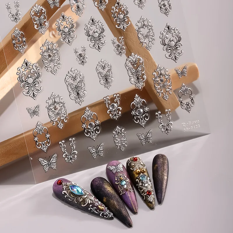 Luxury Golden Silvery Baroque Style 5D Nail Embossed Stickers Dark Retro Style Butterfly DIY Graffiti Nails Stickers