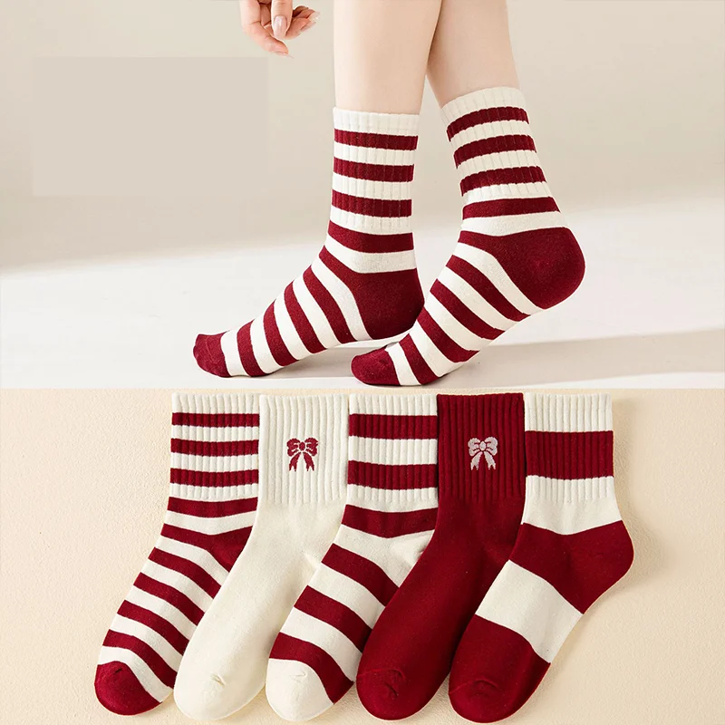 ALLTOOALL Women's Bow Middle Tube Socks Spring Autumn Red Striped Cotton Sock Female Fashion Casual Breathable New Year Socks