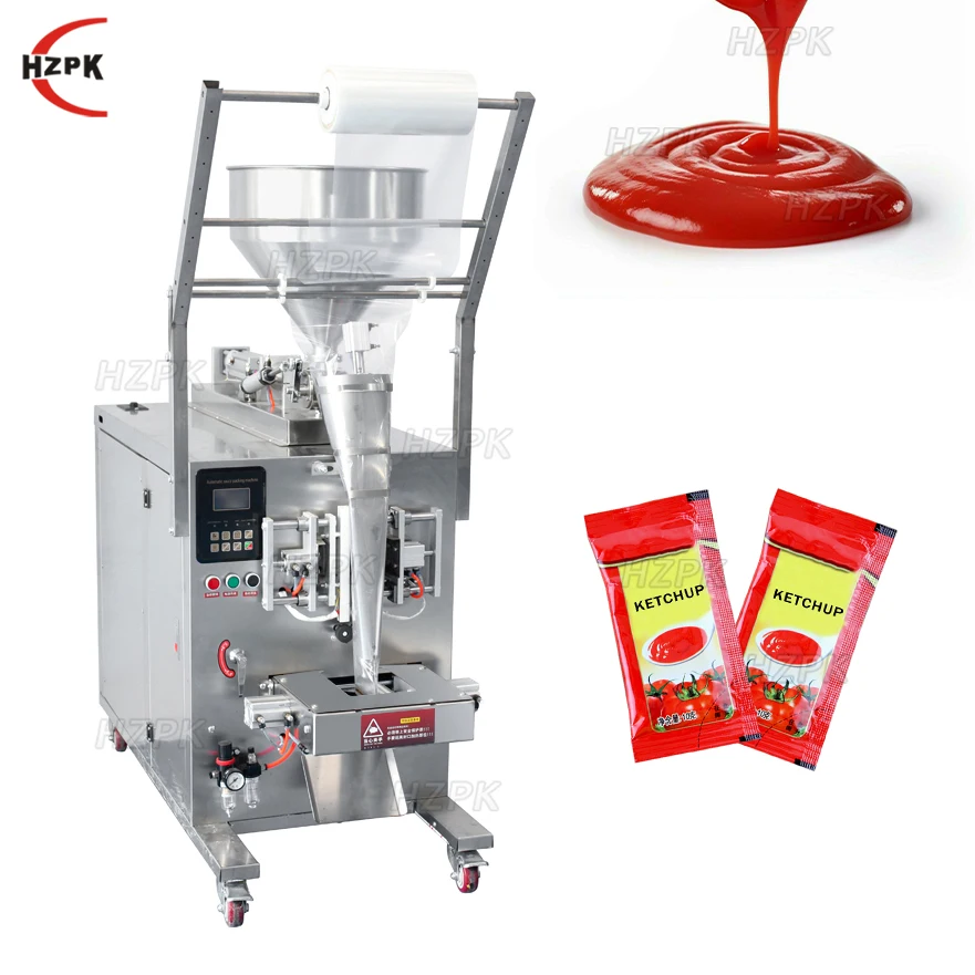 

HZPK Full Automatic Cosmetic Sample Sachet Pouch Tomato Paste Soy Sauce Packing Packaging Machine 50ml