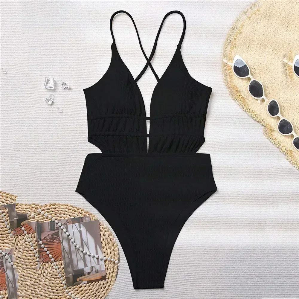 Sexy Black Ribbed Backless Swimwear Woman 2025 One Piece Swimsuits String Cross Swimming Wear Bathing Suit Bathers Bodysuit image 4