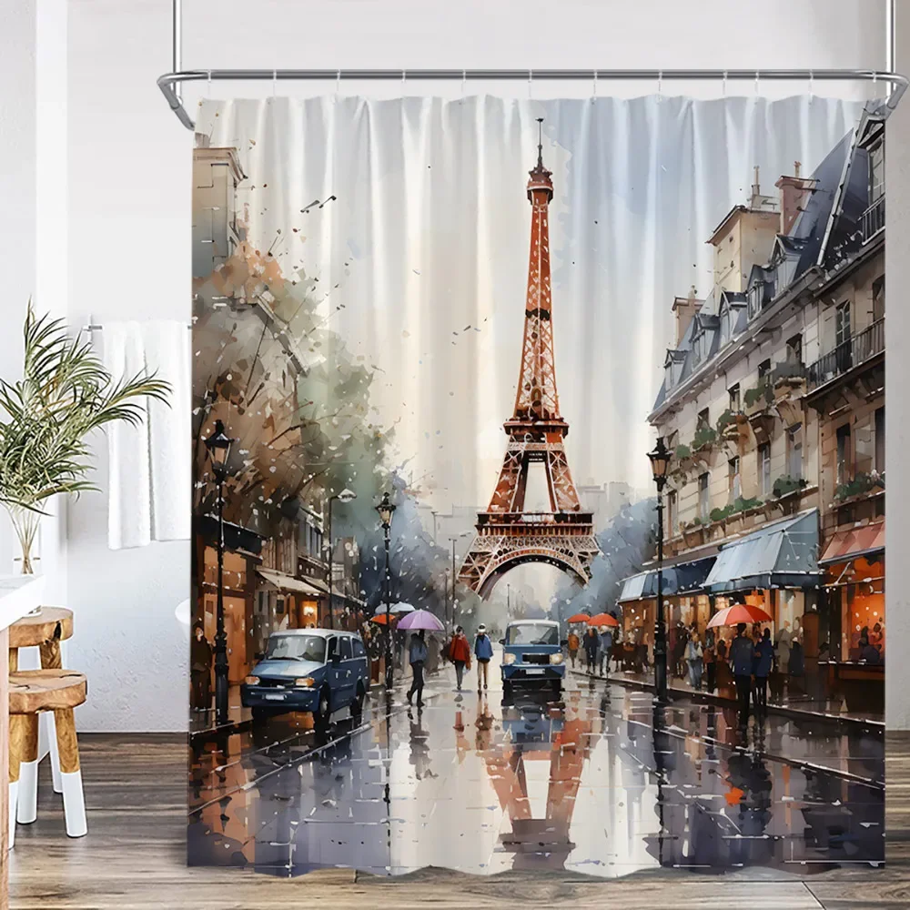 Eiffel Tower Oil Painting Shower Curtain European City Paris Cityscape Flower City Scenery Bathroom Decor Modern Bath Curtain