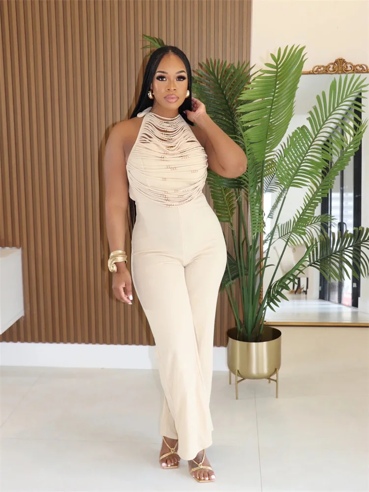 

Cutenew Sexy Trend Hollow Jumpsuits Women Beads Decoration Flared Lace-Up Halter Sleeveless Backless 2025 Street New Overalls