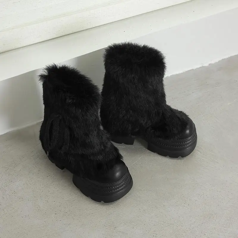Krazing Pot Cow Split Skin Rabbit Fur Modern Boots Winter Keep Warm Women Leisure Waterproof Platform Beauty Ankle Snow Boots