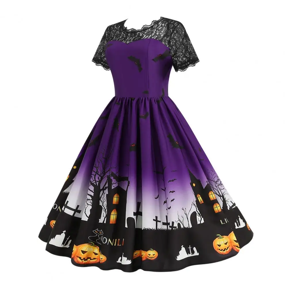 

Halloween Pumpkin Bat Dress Elegant Lace Halloween Party Dress with Bat Print Retro A-line Style Big Hem for Cosplay Evening