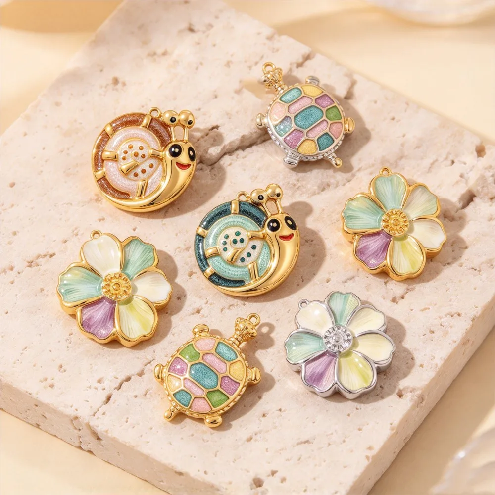 2pcs Stainless Steel Enamel Snail Flower Sea Turtle Pendants Charms For DIY Necklace Earring Jewelry Making Supplies Accessories