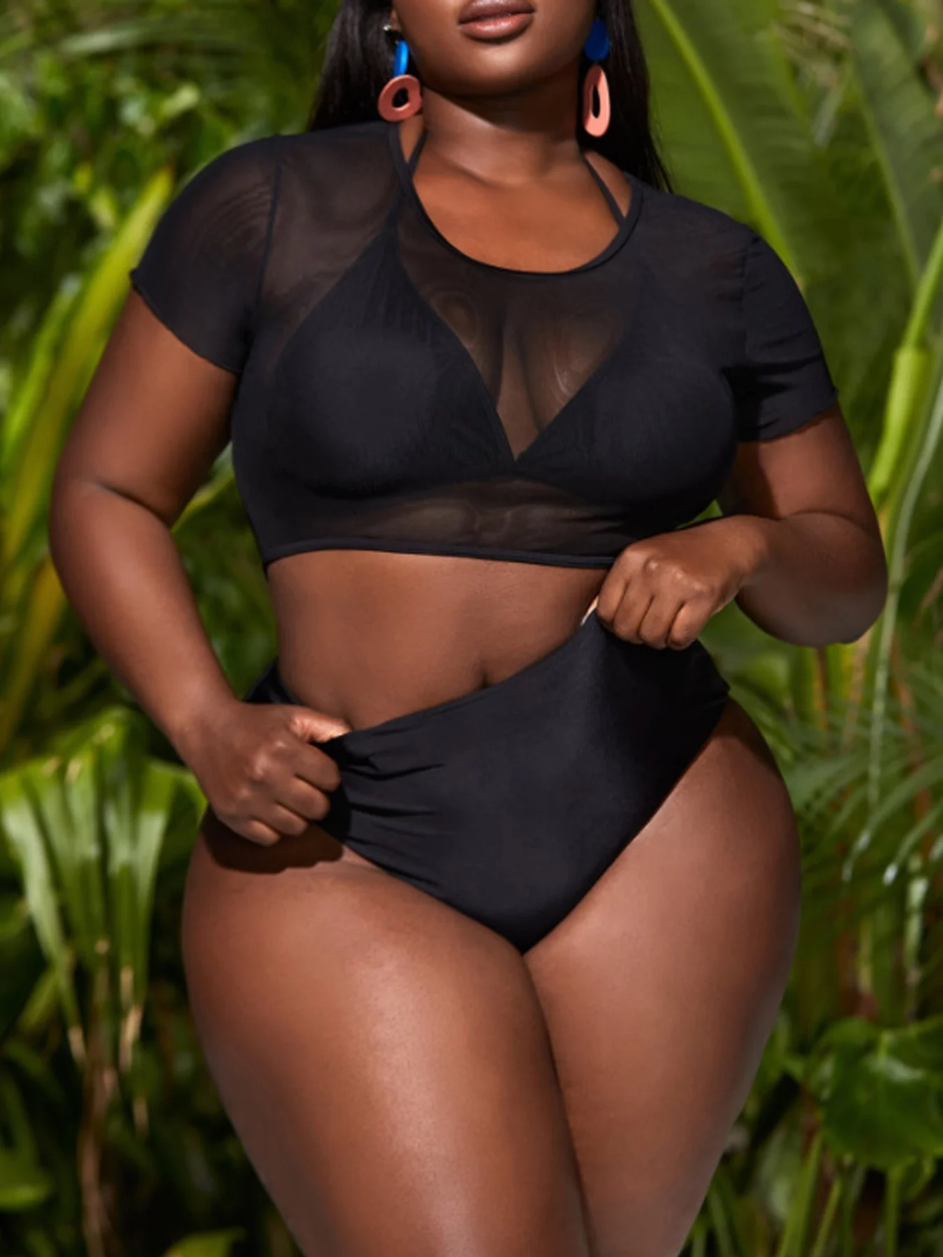 VigoJany 2025 Gaas Korte Mouw Plus Size Bikini Set Hoge Whist Push Up Badpak Voor Vrouwen Zomer 3-delig Strandbadpak