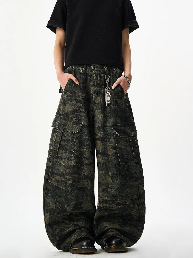 

Woostop American Retro Camouflage Scythe Pants Men Women Cleanfit Wide Leg Knife Pants Haome Straight Tube Cotton Polyester
