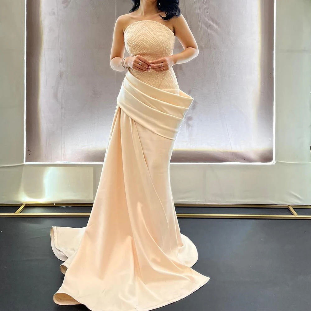 

Customized Mermaid Evening Dresses Floor-length Strapless Sleeveless Prom Gown Fashion Sequined Pleat Simple Draped Party Gown