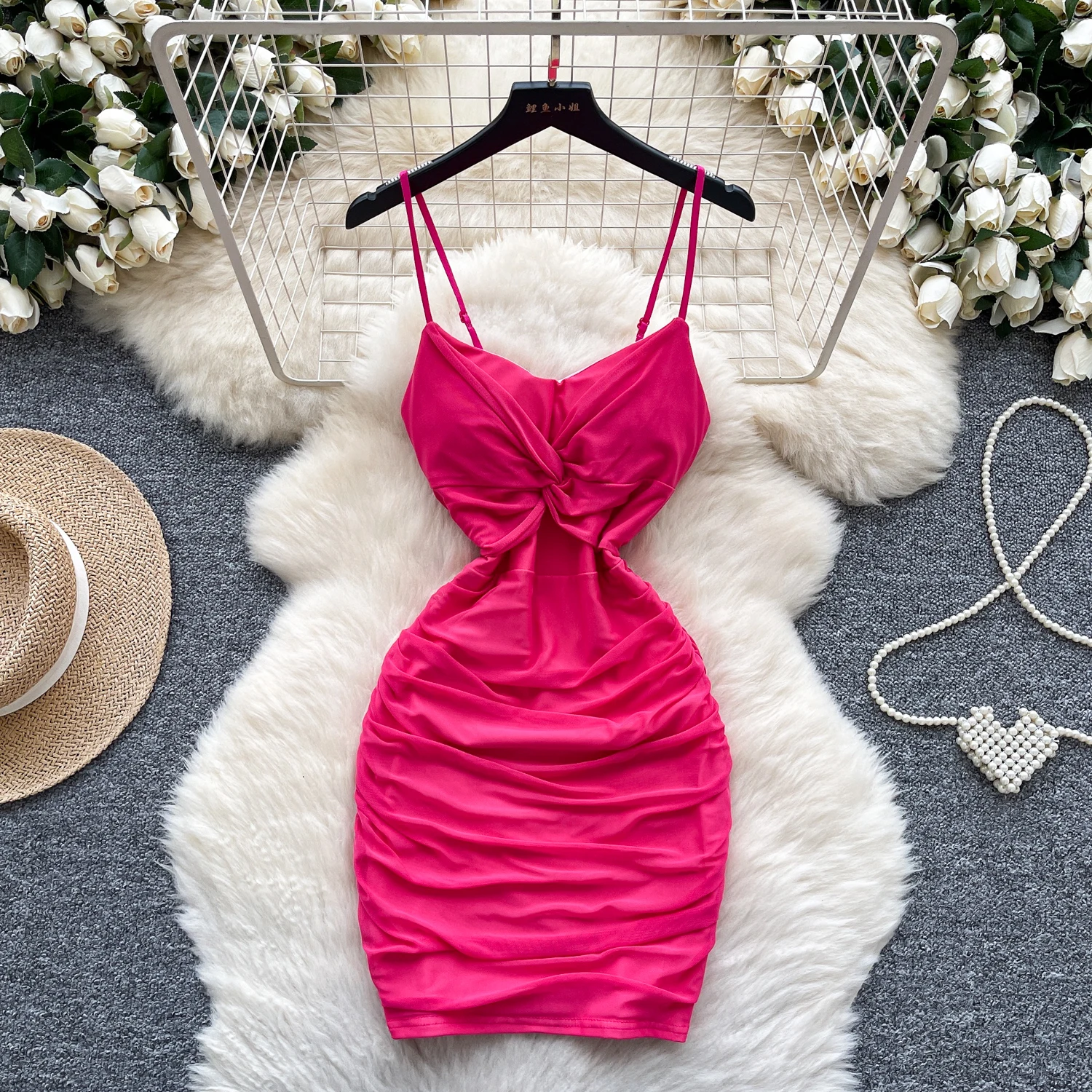 

Sexy pleated square neck Retro pencil dress Chic Casual Beach Vacation Slip Dress Women Summer Vestidos