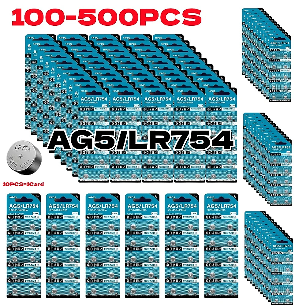 100-500PCS AG5 LR754 BatteryD309 D393 G5 G5A L754 LR48 LR754 RW28 SR48 1.55V Button Coin Cell For Watch Toy Remote Control
