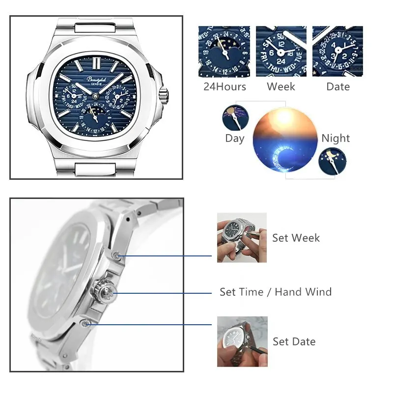Switzerland Rinifa Multifunctional Automatic Watch for Men Luxury Brand Mechanical Men‘s Watches Nautilus Sapphire Moonphase