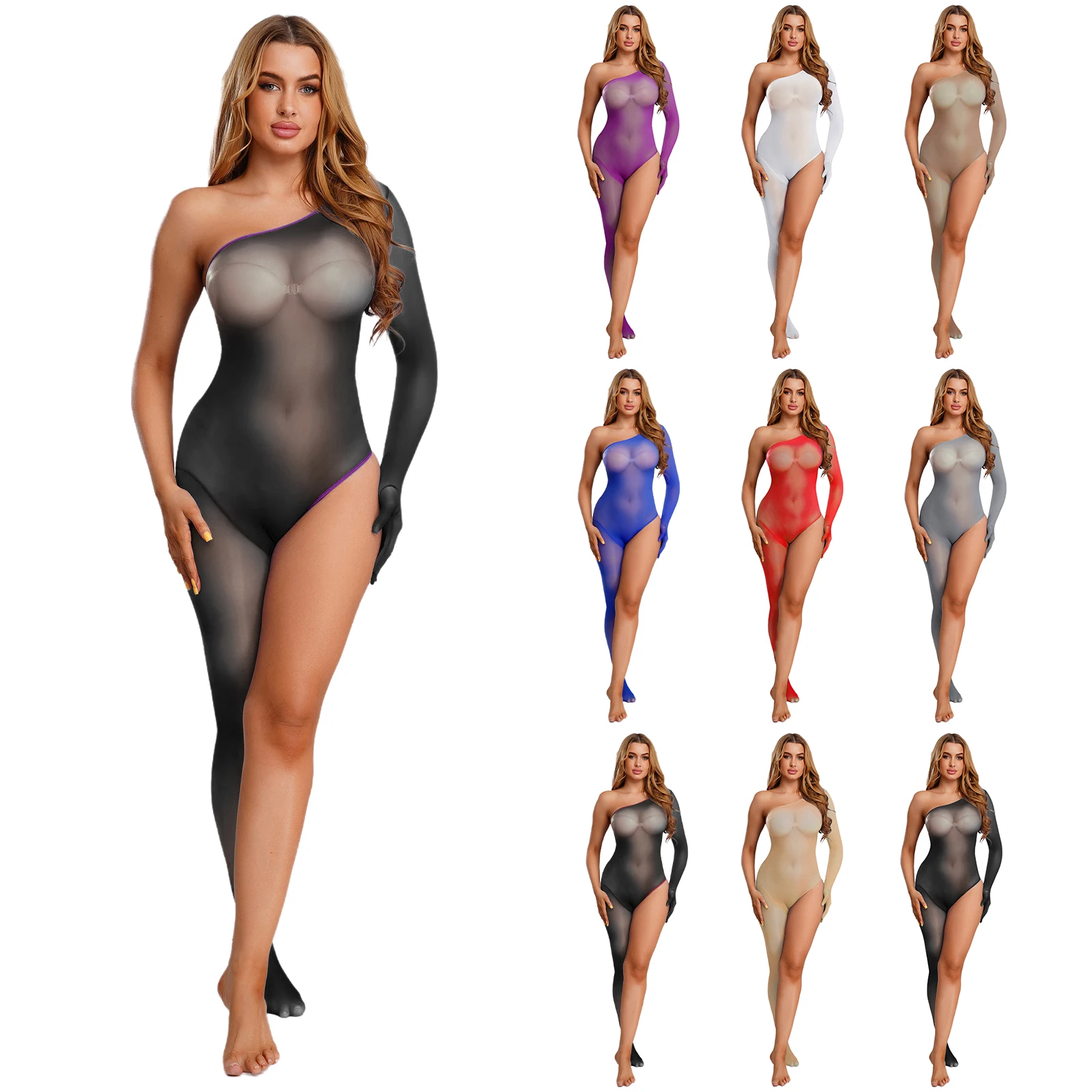 Vrouwen Glanzende Sheer Mesh Bodysuit Wetlook Een stuk Nachtkleding Een Mouw Asymmetrische Jumpsuits Panty voor Nachtclub Dating