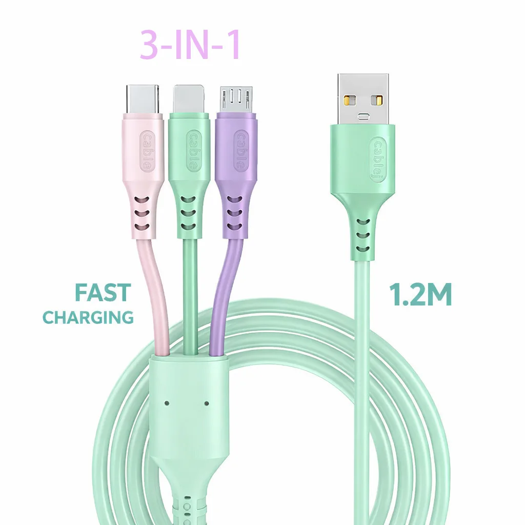 3-in-1 USB Cable 6A Fast Charging & Data Sync for iPhone, Xiaomi, Huawei, Vivo, Type-C, Micro Cord, High-Speed Charger Cable
