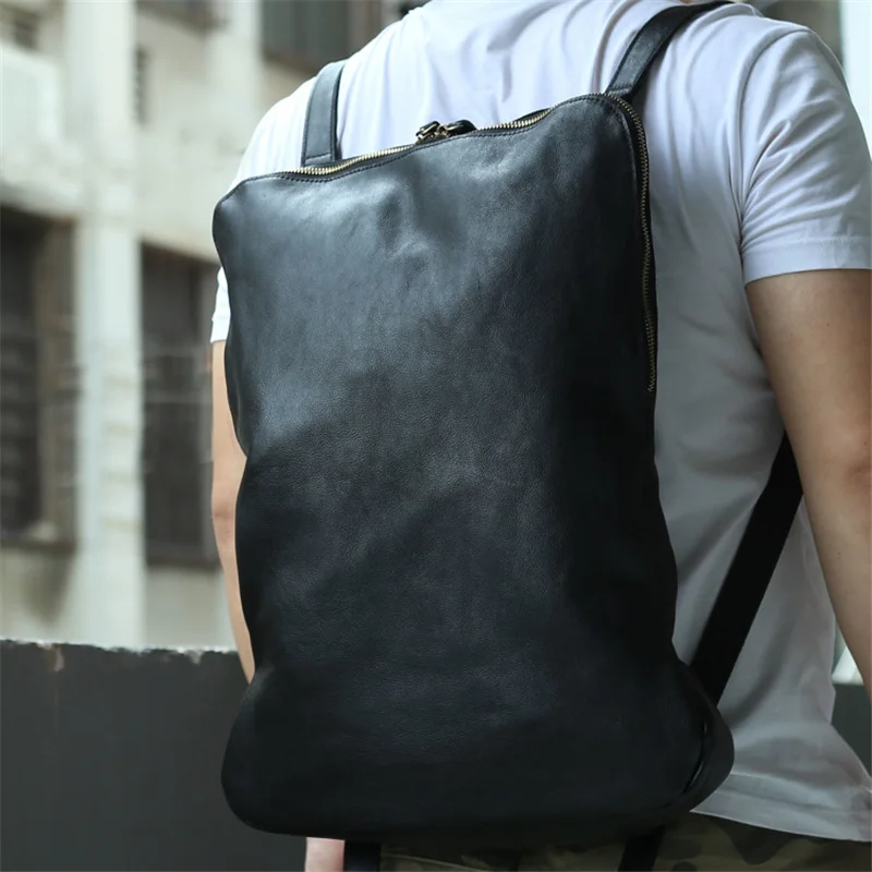 

Simple Design Leather Backpack Soft Cowskin Travel Bagpack Pure Color Soild School Bag Daypack For Men Male Black Bag