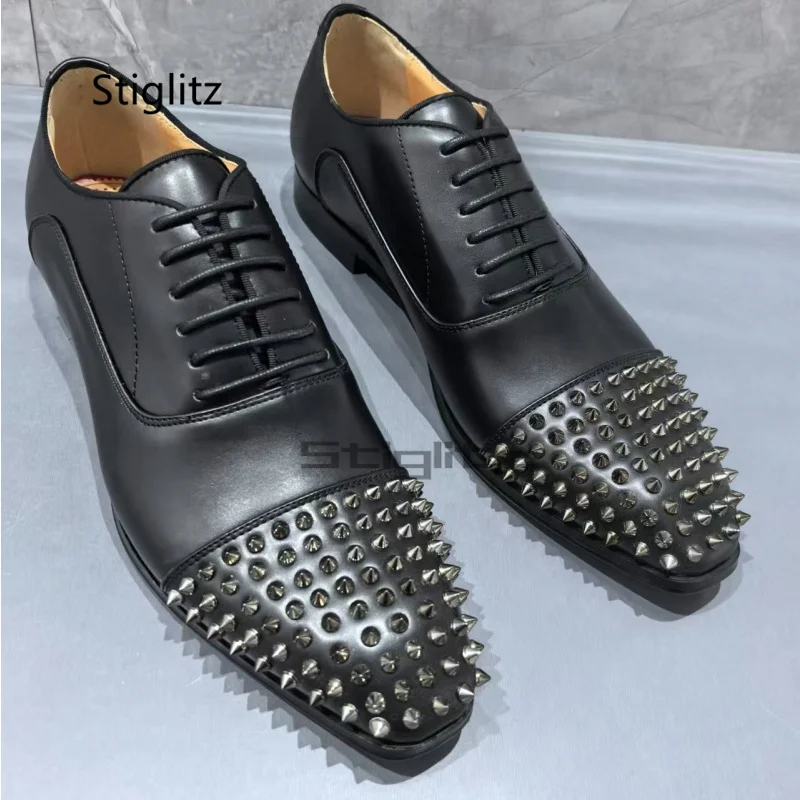 

Rivets Genuine Leather Dress Shoes for Men Lace-Up Casual Business Shoes High Quality Studded Cowhide Shoes Autumn Men's Shoes