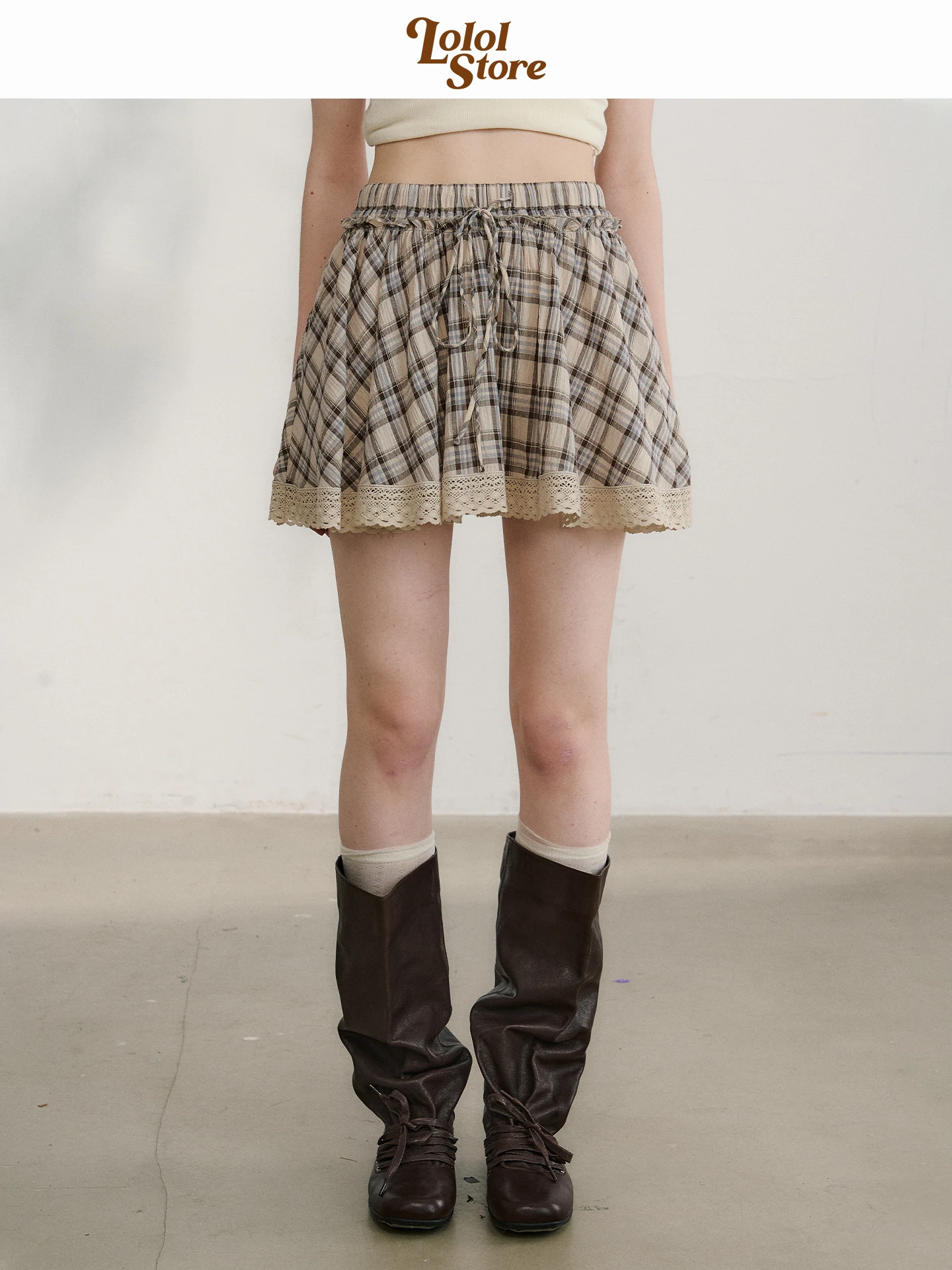 

Юбка LOLOL из хлопка и твида в клетку, женская, весенняя, синяя, с оборками, А-силуэт, маленький размер, повседневная, для работы и отдыха