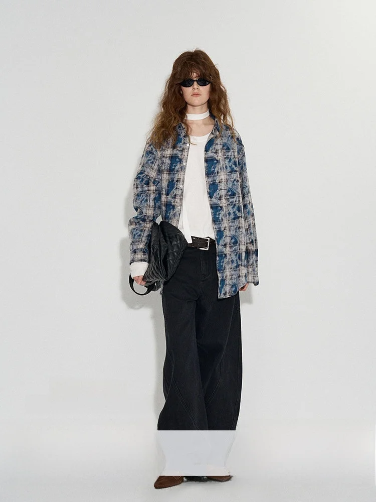 CECI TANG Camisa Feminina de Algodão Puro com Estampa Xadrez Vintage, Reversível, Manga Longa e Botões, Coleção Primavera 2025