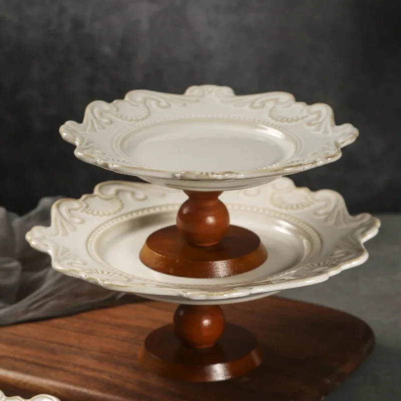 

Retro relief fruit plate wooden tall cake tray afternoon tea snack display rack exquisite dessert plate