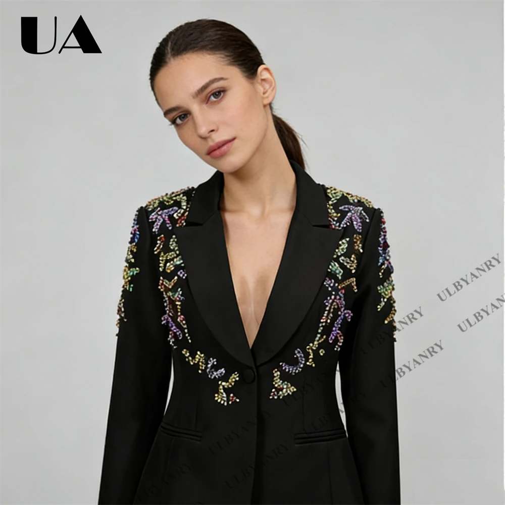 

Trendy Women’s Black Blazer with Colorful Crystal Shoulder Detail, Long Sleeve Work Office Jacket for Street Style