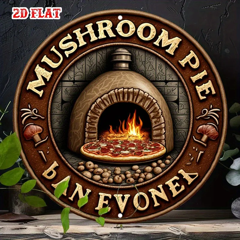 2D Flat Vintage Mushroom Pie Pizza Oven Round Wooden Sign, Rustic Italian Kitchen Aesthetic Wall Art, Food Lover Wooden Plaque,