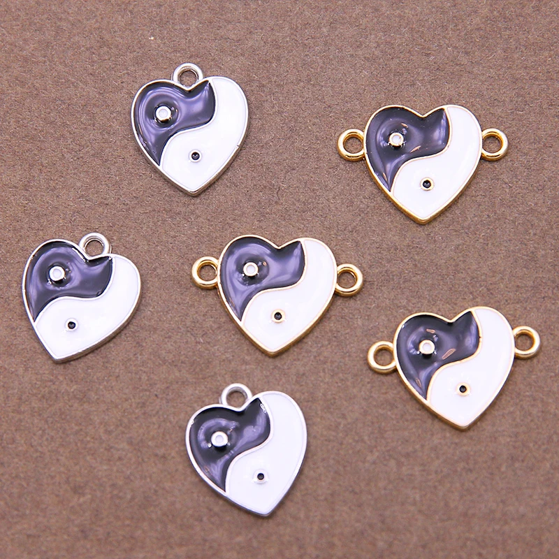 10Pcs White K black and white enamel Yin Yang Charm Heart Pendant Jewelry Making bracelet necklace DIY Earring Accessory craft