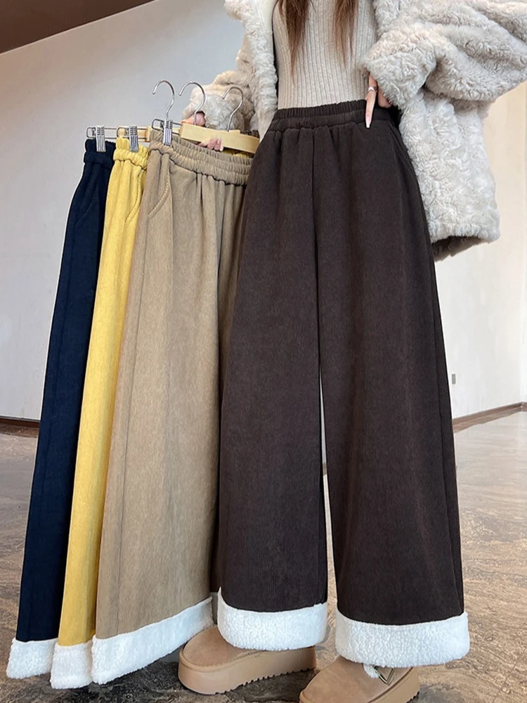 

Corduroy Splicing Lamb Velvet Wide Leg Pants Women in Autumn and Winter Thickened Straight Leg Casual Cotton Pants