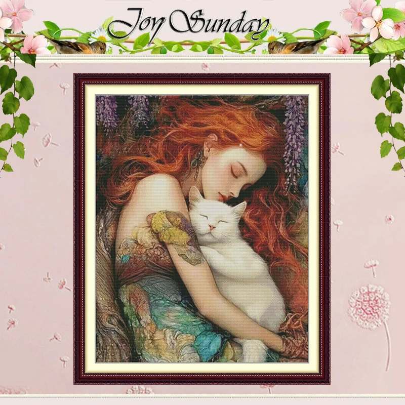 

Pretty Girl and A Kitten Patterns Counted Cross Stitch Set 11CT 14CT 16CT HD Stamped DMC Cross-stitch Kit Embroidery Needlework