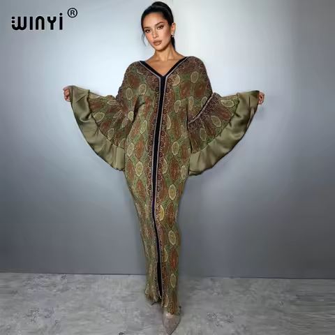 WINYI Pleated Elastic boho dress casual beach cover up muslim woman kaftan abaya dubai luxury long down evening dress